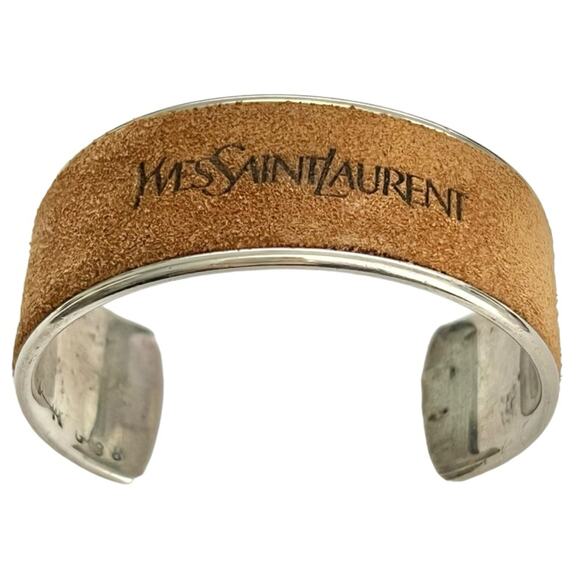 AUTH VTG Yves Saint Laurent YSL Sterling Silver Suede Leather Logo Cuff Bracelet - Picture 4 of 16
